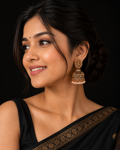 Antique Gold Temple Jhumka Earrings with Pearl Drops