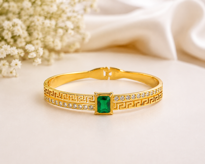 Emerald Green Stone Gold-Plated Crystal Kada Bracelet