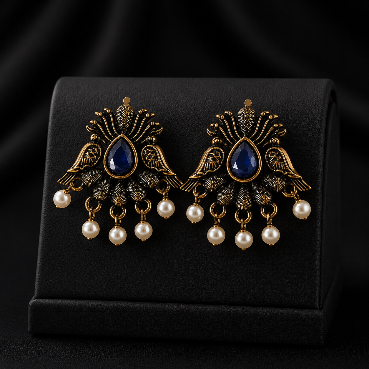 Royal Peacock Blue Stone Pearl Drop Earrings