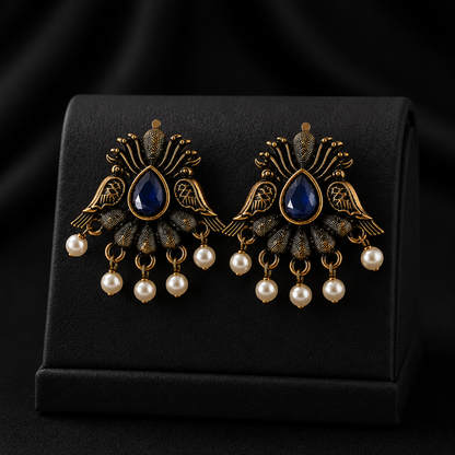 Royal Peacock Blue Stone Pearl Drop Earrings