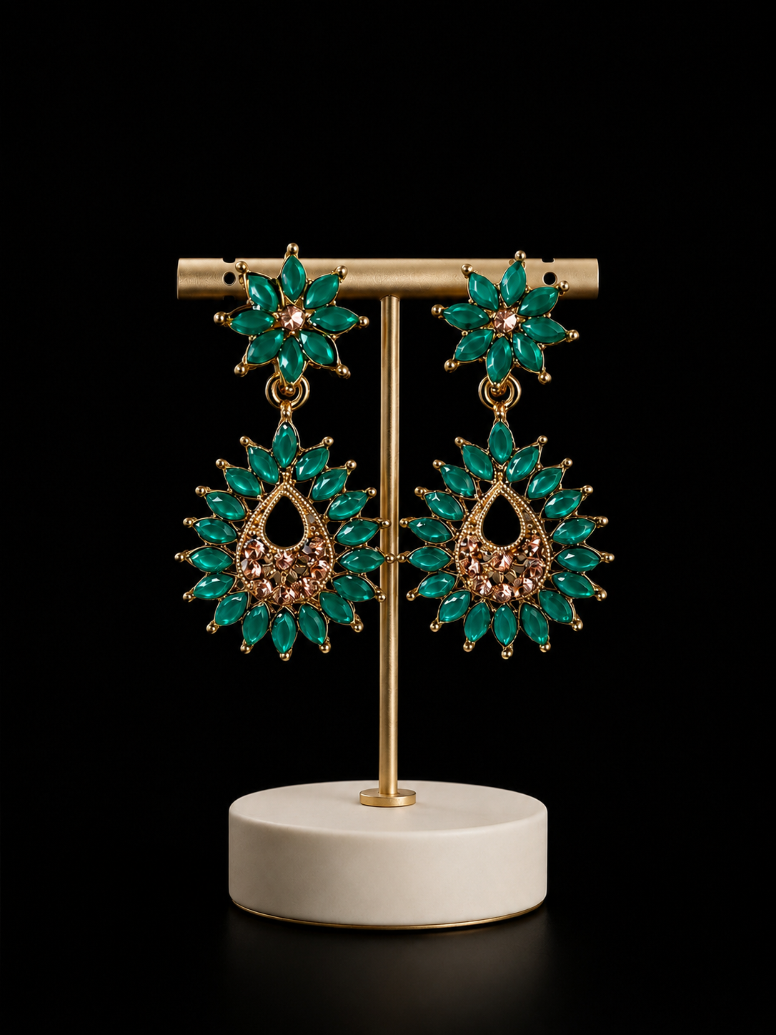 Emerald Green Floral Drop Earrings – Gold Tone
