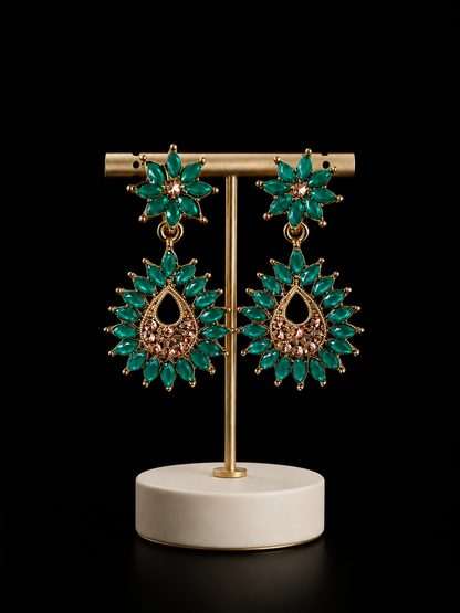 Emerald Green Floral Drop Earrings – Gold Tone