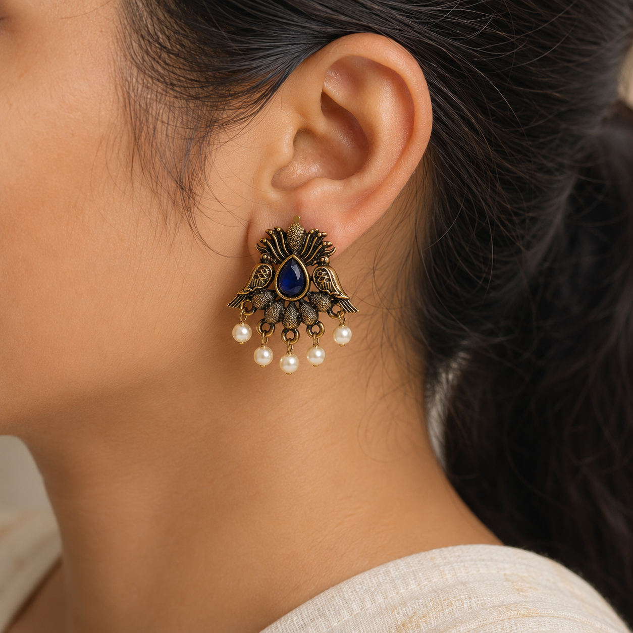 Royal Peacock Blue Stone Pearl Drop Earrings