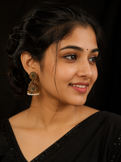 Antique Gold Temple Jhumka Earrings with Pearl Drops