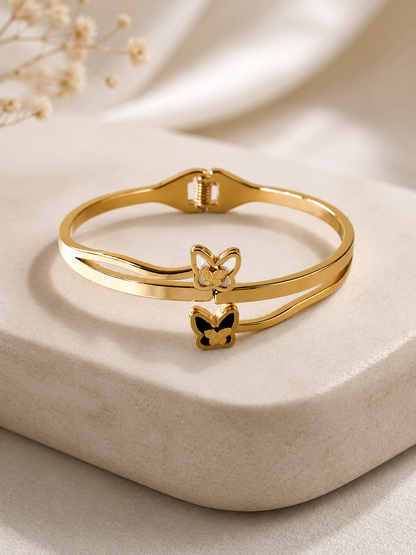 Golden Butterfly Charm Open Cuff Bracelet – Black & White