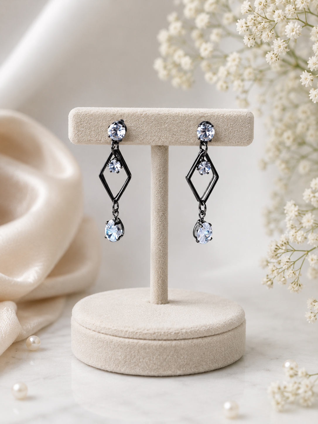 Black Geometric Crystal Drop Earrings – Elegant Dangle Earrings for Women