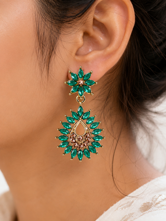Emerald Green Floral Drop Earrings – Gold Tone