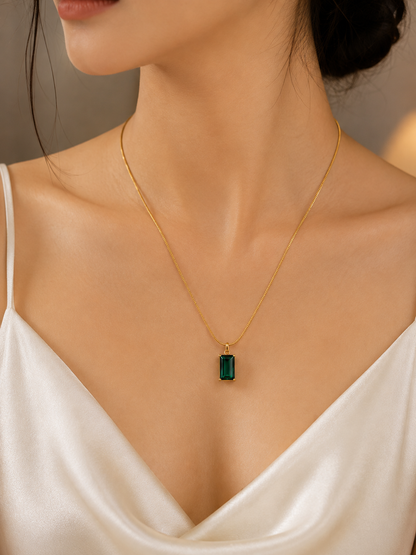 Emerald Green Solitaire Pendant Necklace | Gold-Tone Minimalist Chain