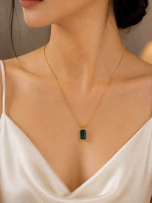 Emerald Green Solitaire Pendant Necklace | Gold-Tone Minimalist Chain