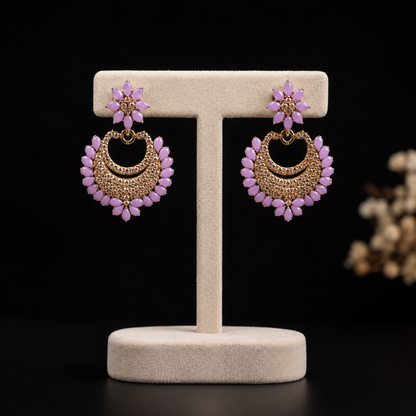 Lavender Floral Chandbali Earrings – Gold Tone