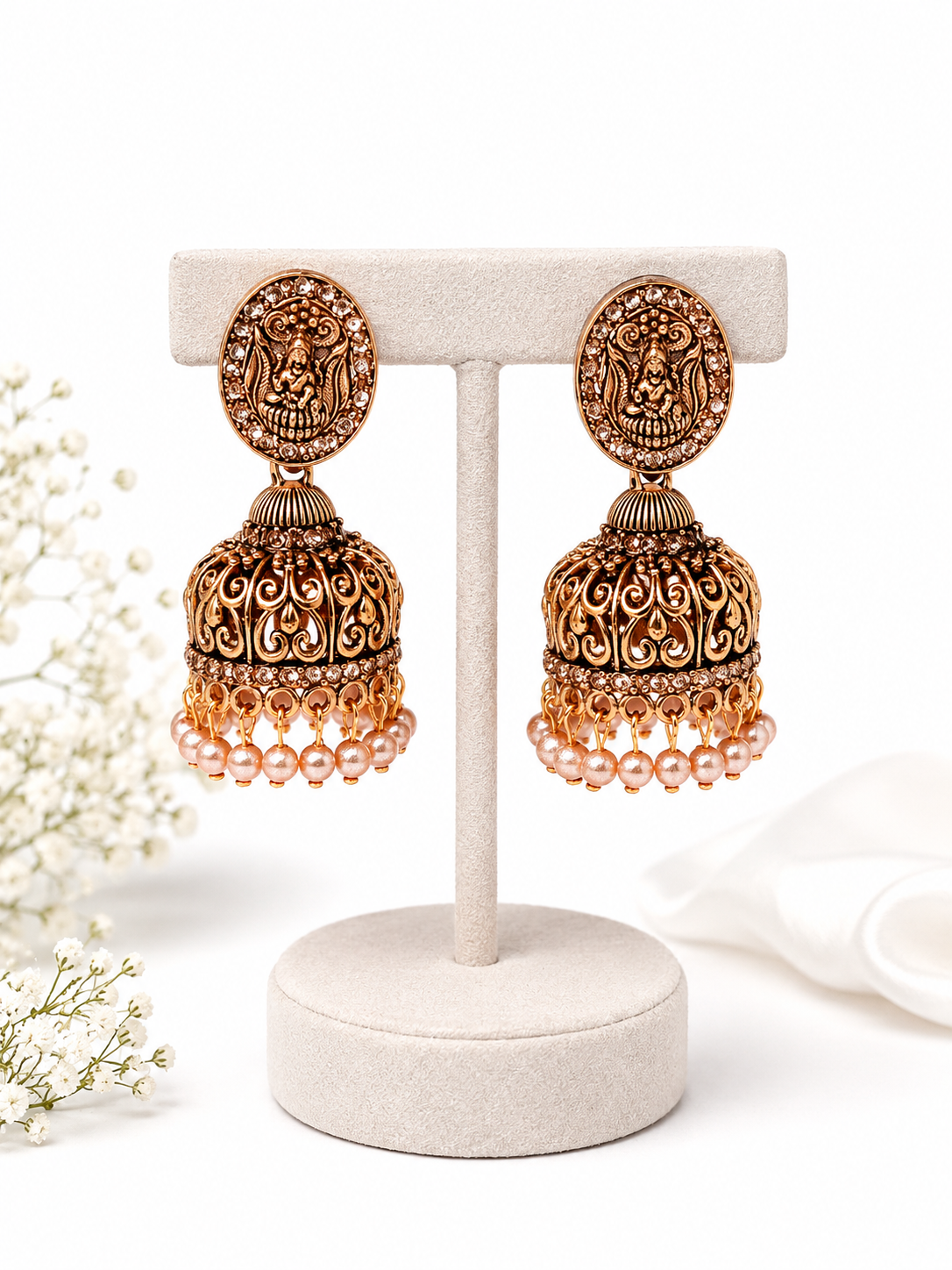 Antique Gold Temple Jhumka Earrings with Pearl Drops