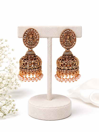 Antique Gold Temple Jhumka Earrings with Pearl Drops