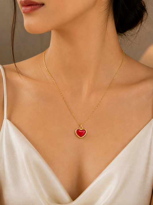 Red Heart Pendant Necklace | Elegant Gold-Tone Chain for Women