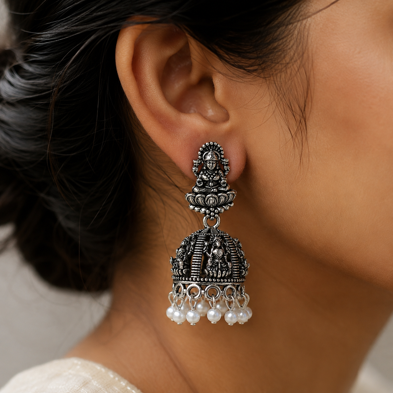 Temple Goddess Oxidised Silver Jhumka Earrings with Pearl Drops