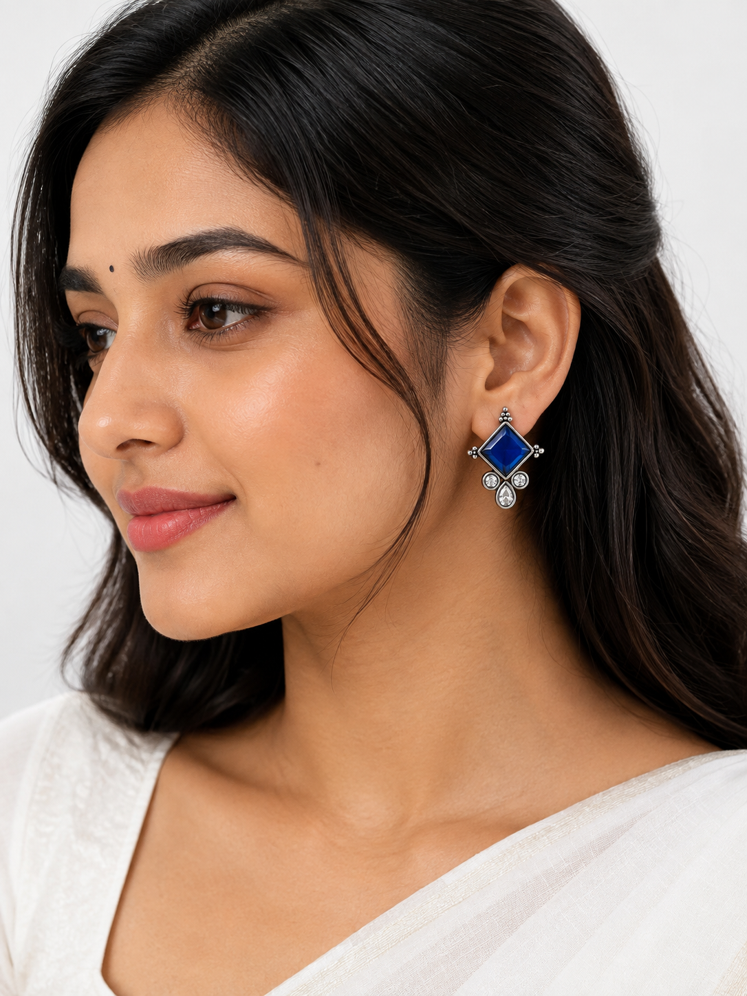 Royal Blue Crystal Statement Earrings – Silver Tone