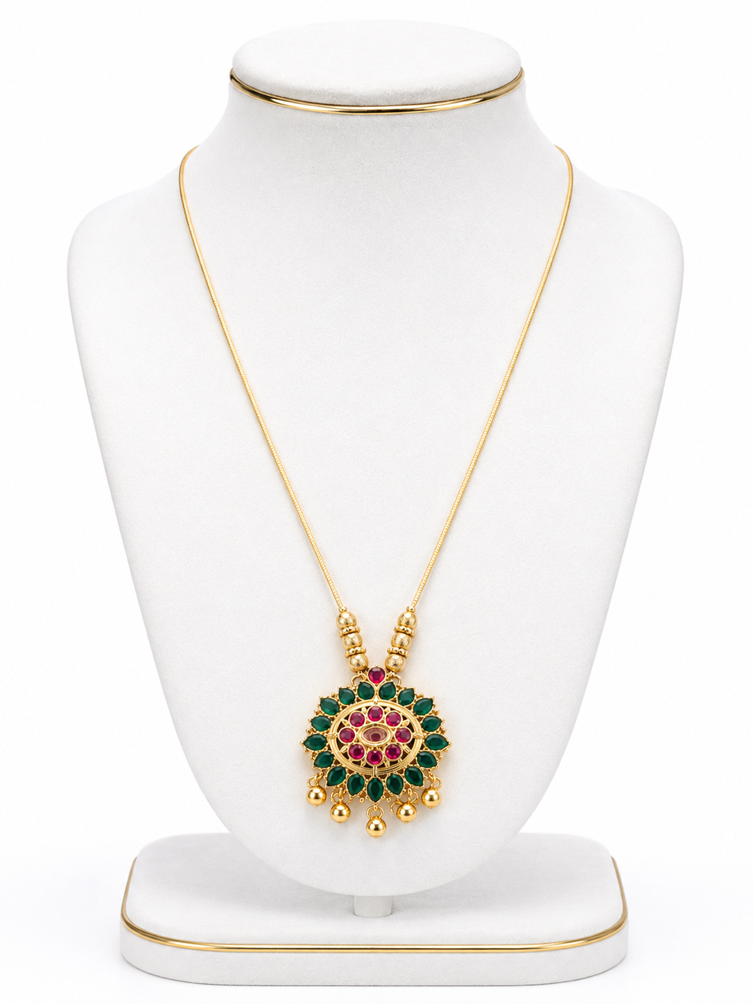 Traditional Gold-Tone Green & Ruby Stone Pendant Chain for Women