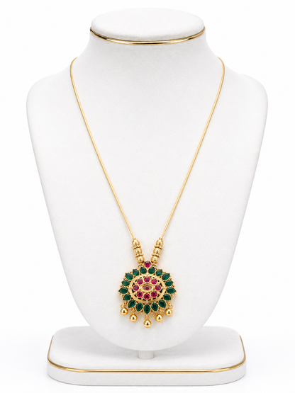 Traditional Gold-Tone Green & Ruby Stone Pendant Chain for Women