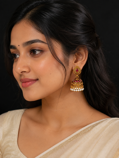 Queenboxo Royal Ruby Antique Gold Jhumka Earrings with Pearl Drops