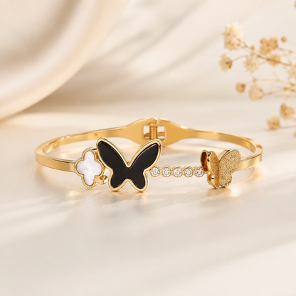 Elegant Butterfly Charm Gold-Tone Bracelet – Black & White Crystal Design