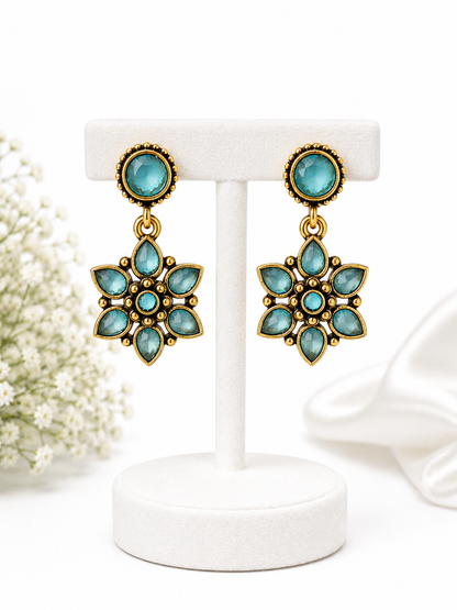 Aqua Blue Floral Crystal Drop Earrings – Antique Gold Tone