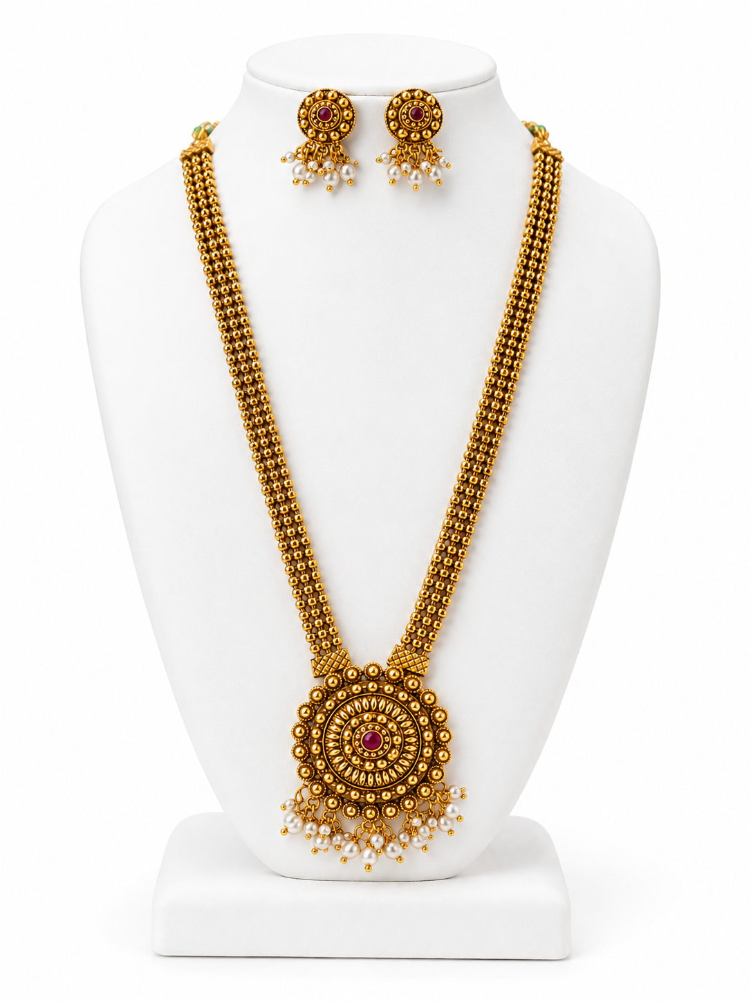 Antique Gold-Tone Long Haram Necklace Set with Pearl Drops & Matching Earrings