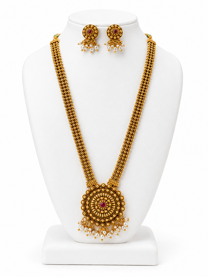 Antique Gold-Tone Long Haram Necklace Set with Pearl Drops & Matching Earrings