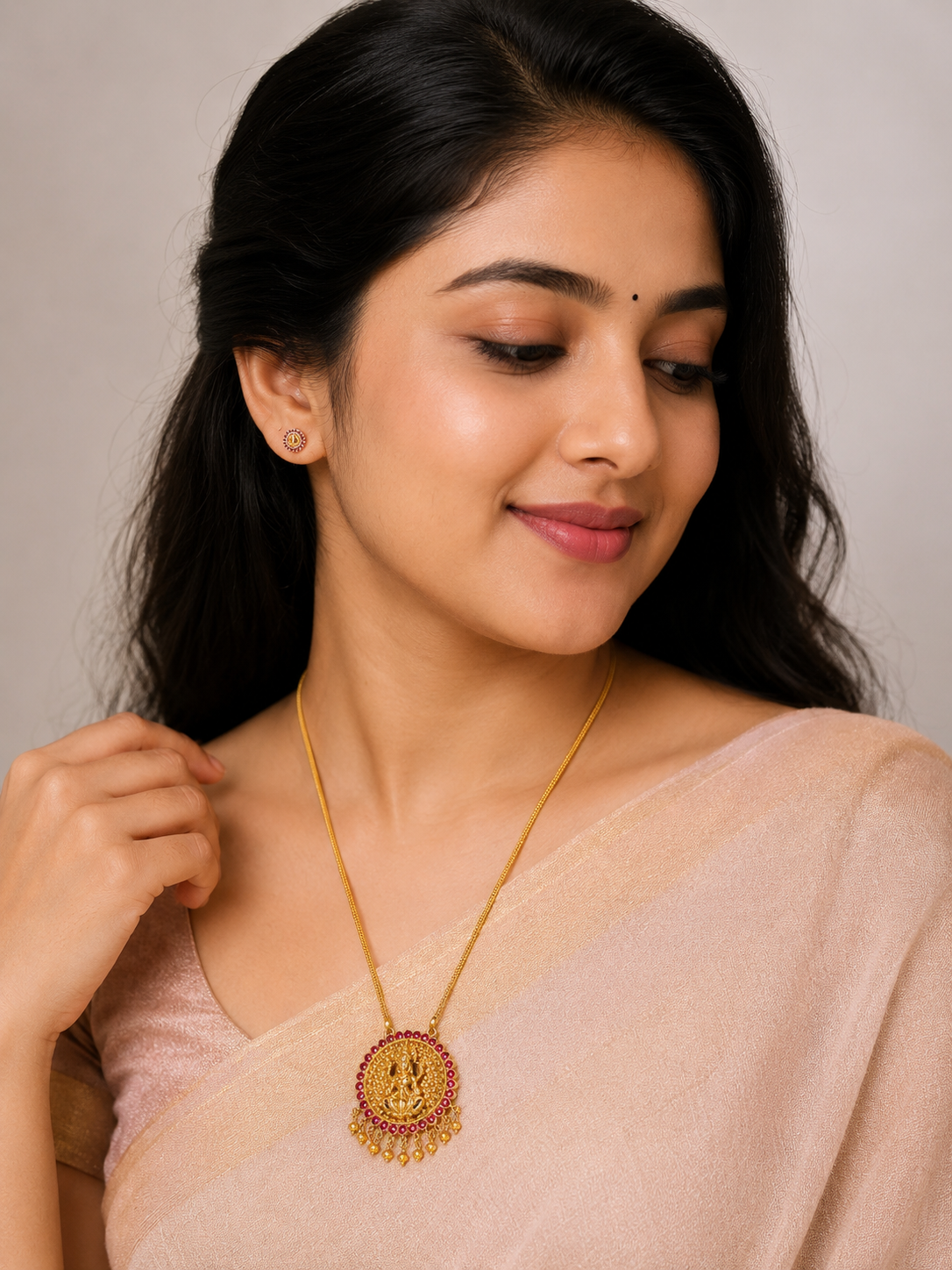 Traditional Lakshmi Pendant Gold-Tone Necklace with Ruby Stones