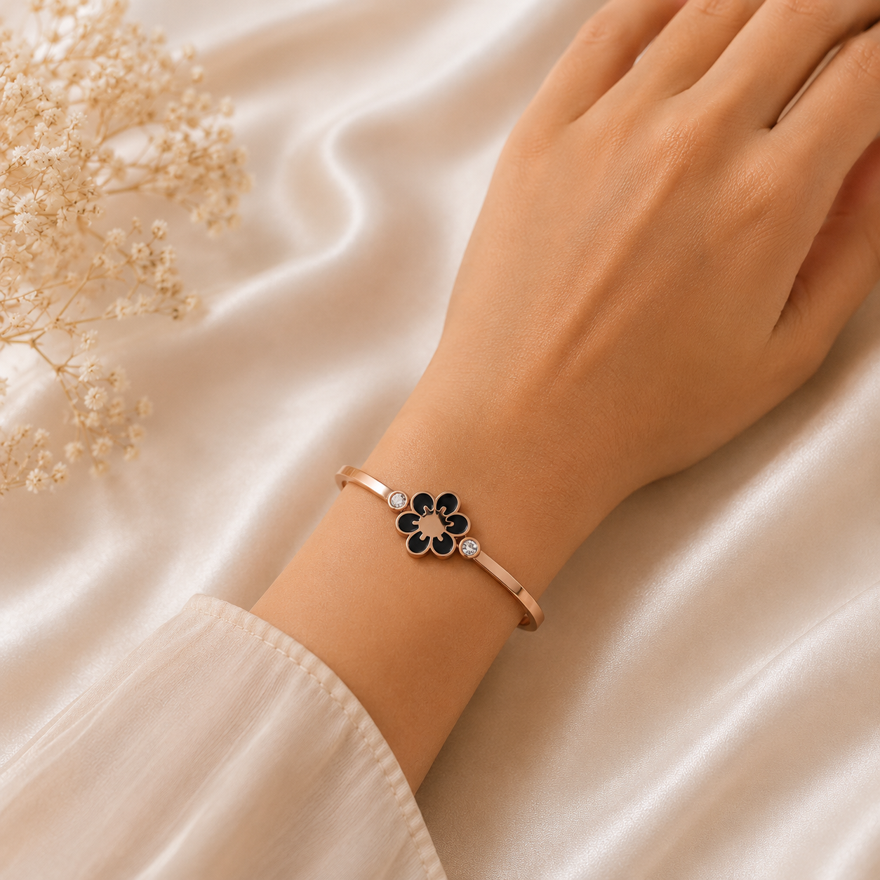 Rose Gold Black Floral Crystal Bangle Bracelet