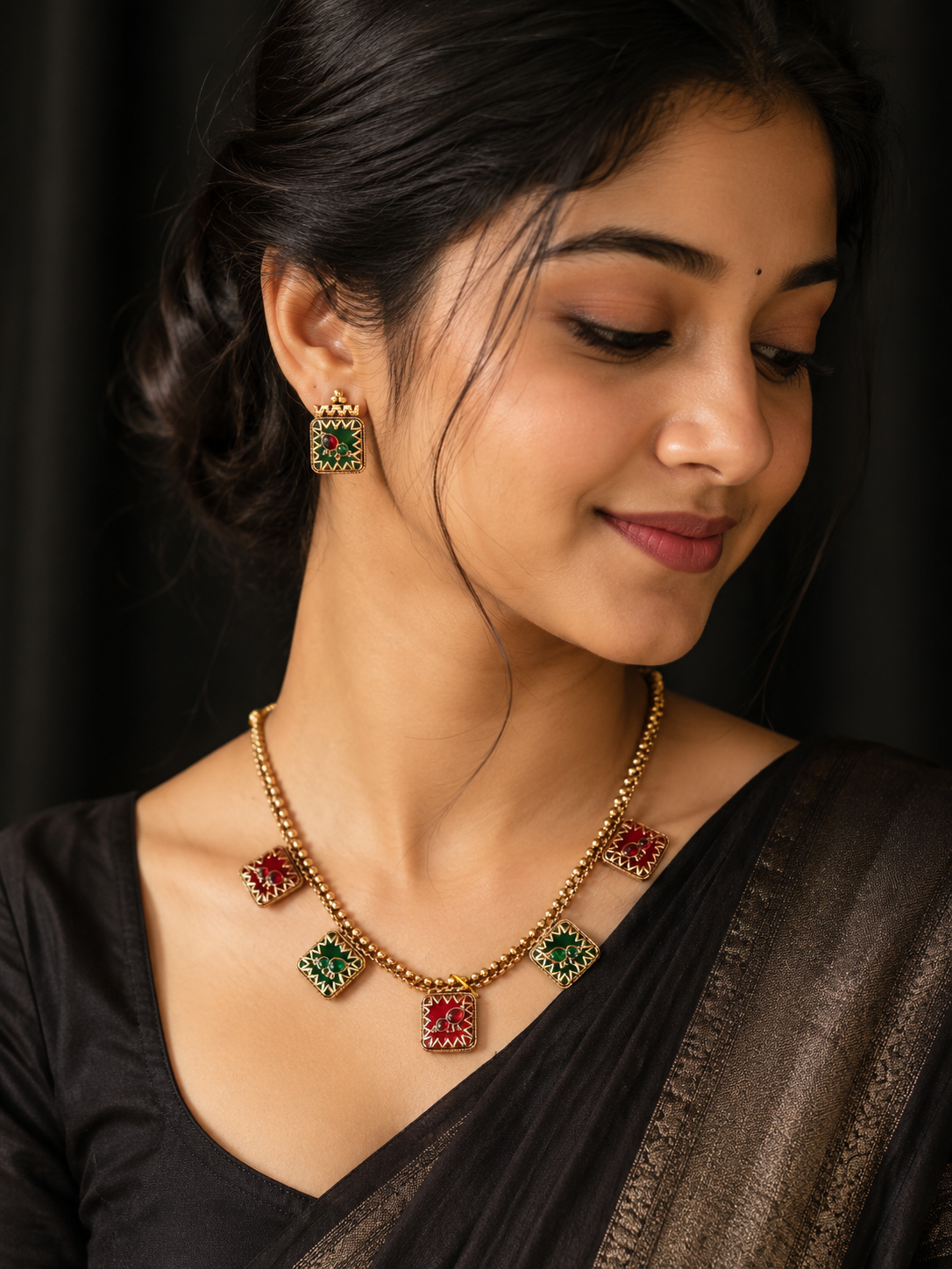 Traditional Red & Green Enamel Charm Necklace Set with Earrings