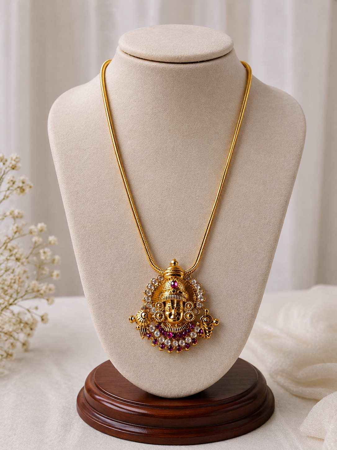 Traditional Temple Goddess Pendant Gold-Tone Chain Necklace