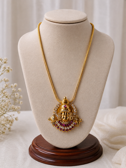 Traditional Temple Goddess Pendant Gold-Tone Chain Necklace