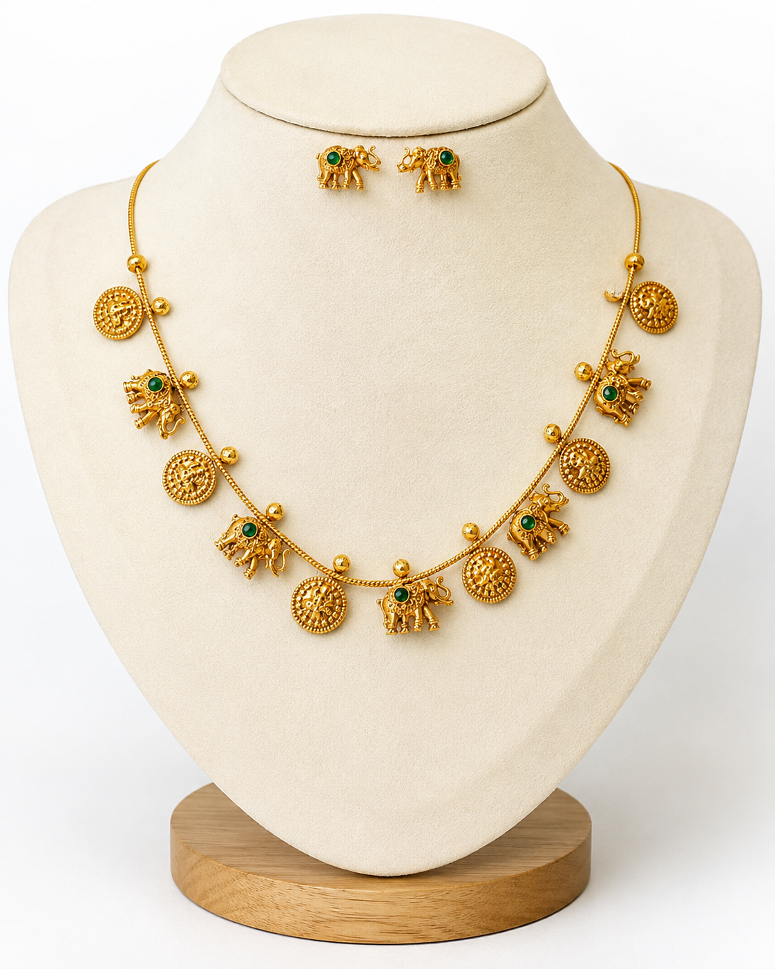 Traditional Elephant Charm Gold-Tone Necklace & Earrings Set with Green Stones