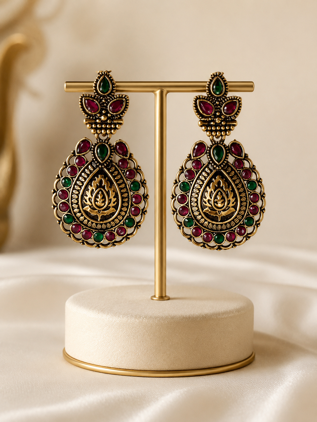 Antique Gold Ruby Green Stone Statement Earrings
