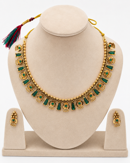 Traditional Gold-Tone Green Stone Necklace & Earrings Set