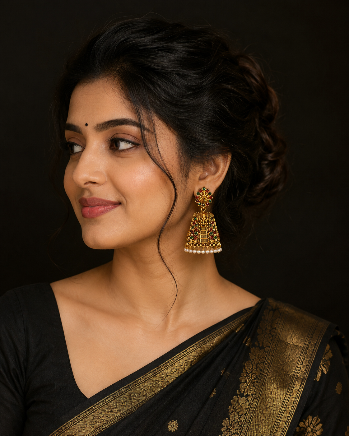 Antique Gold Temple Jhumka Earrings with Multicolor Stones & Pearl Drops