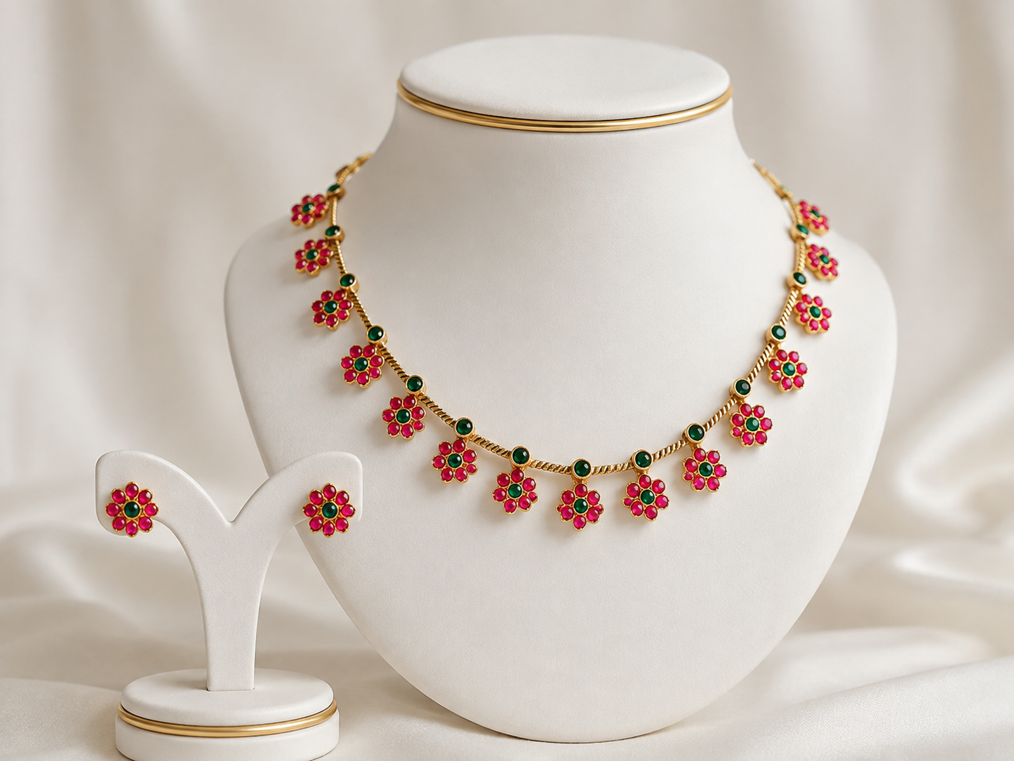 Traditional Ruby Green Floral Necklace & Earrings Set – Gold Tone