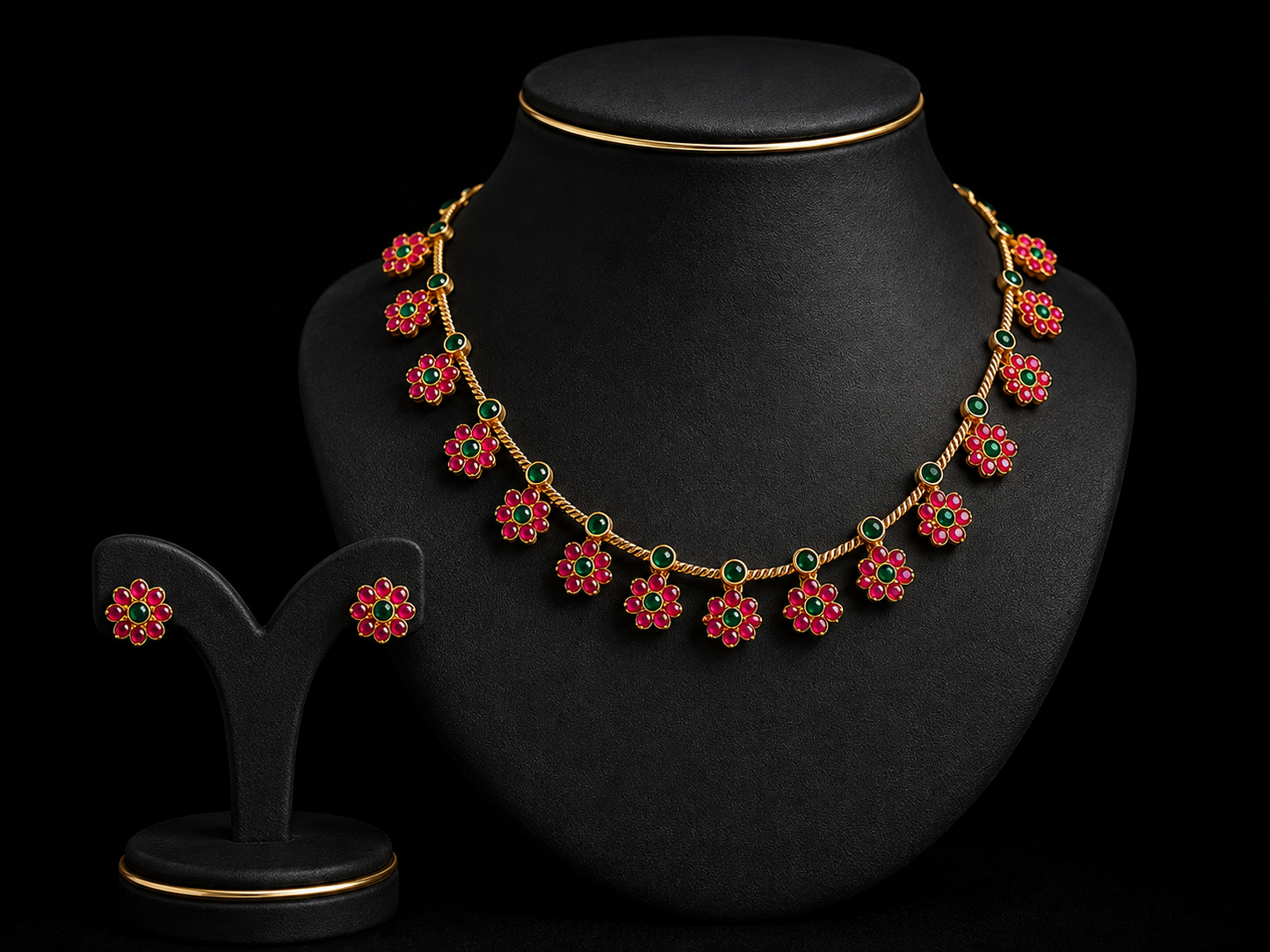 Traditional Ruby Green Floral Necklace & Earrings Set – Gold Tone