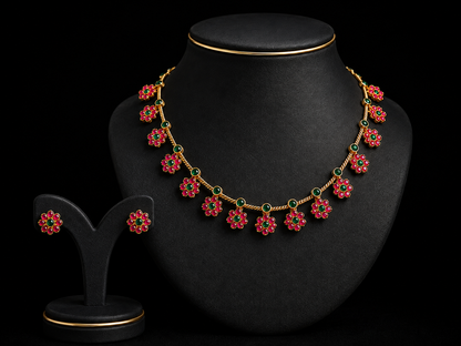 Traditional Ruby Green Floral Necklace & Earrings Set – Gold Tone