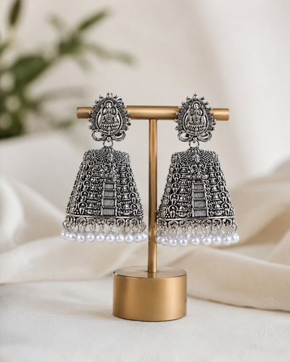 Oxidised Silver Temple Jhumka Earrings with Pearl Drops