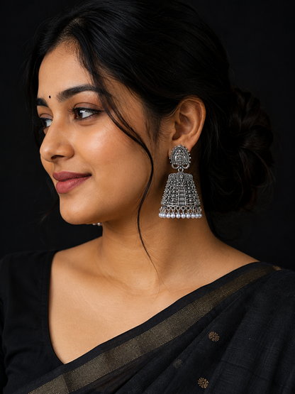 Oxidised Silver Temple Jhumka Earrings with Pearl Drops
