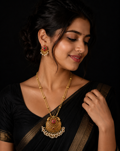 Antique Gold Temple Necklace Set with Pearl Drops & Matching Earrings
