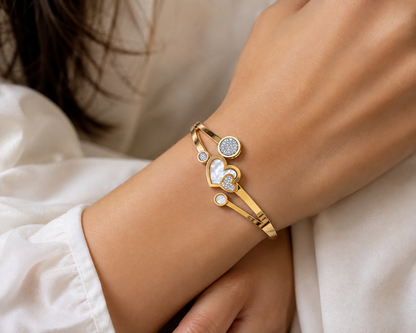 Golden Double Heart Open Cuff Bracelet