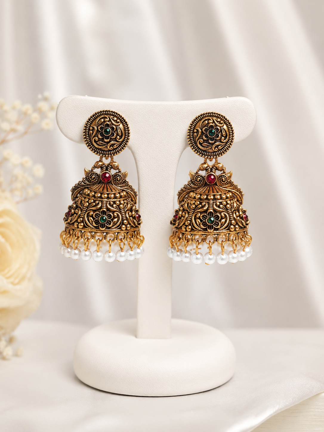 Antique Gold Temple Jhumka Earrings with Pearl Drops