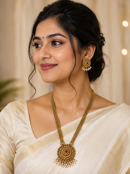 Antique Gold-Tone Long Haram Necklace Set with Pearl Drops & Matching Earrings