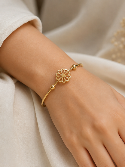 Golden Floral Charm Open Cuff Bracelet for Women