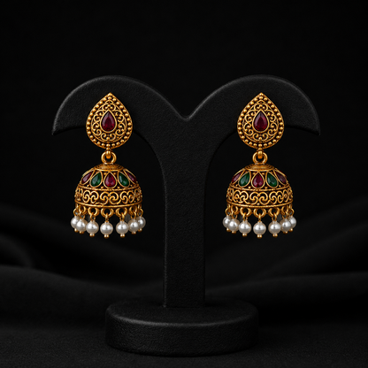 Traditional Antique Gold Jhumka Earrings with Ruby, Emerald & Pearl Drops