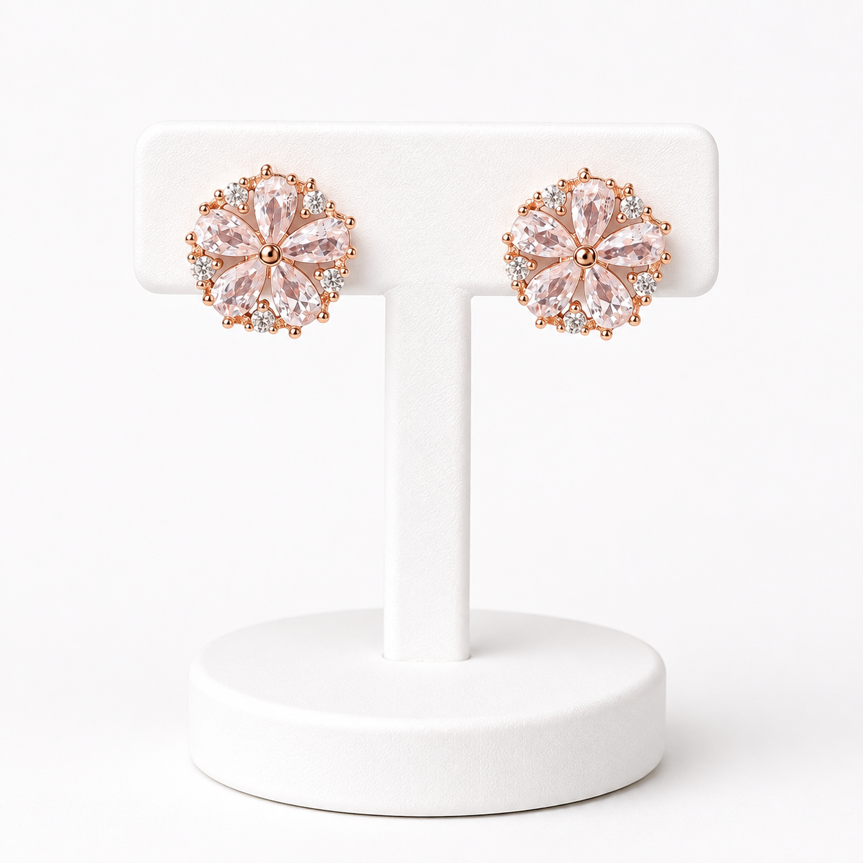 Rose Gold Floral Crystal Stud Earrings – Pink Petal Design