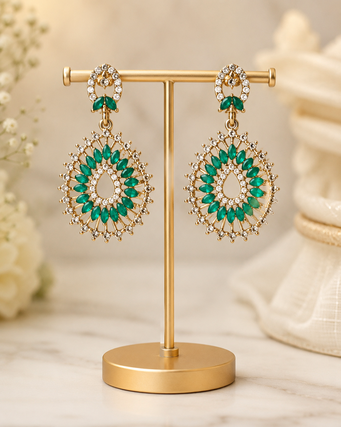 Emerald Green Crystal Teardrop Statement Earrings – Gold Tone