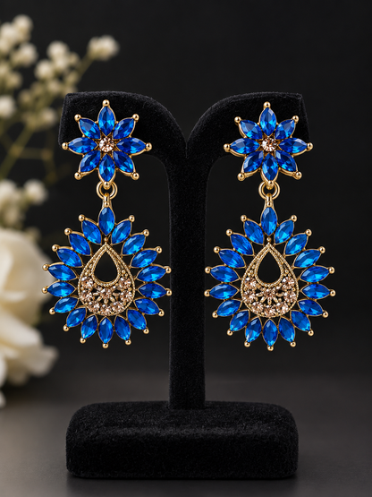 Royal Blue Crystal Floral Drop Earrings – Gold Tone