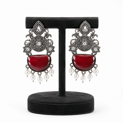 Ruby Red Oxidised Silver Statement Earrings with Pearl Drops